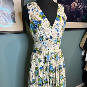 Aryeh Blue and Yellow Pleated Smocked Midi Dress Size Medium